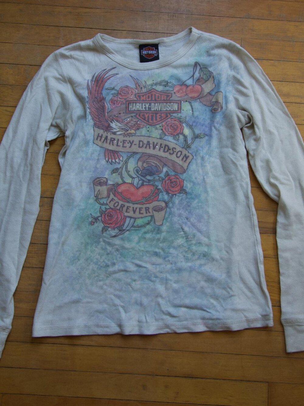 Vintage Cream Harley Davidson Longsleeve Waffle Knit Womens L